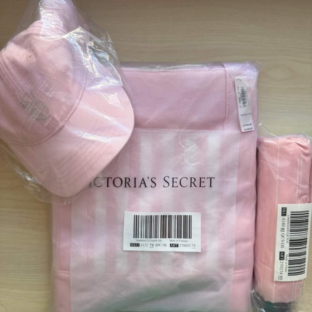 Victoria’s Secret bundle, 3 items: tote bag, baseball hat, umbrella, all new